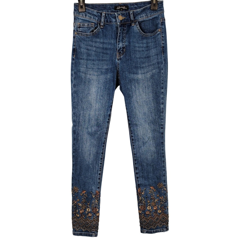 Charlie B Womens SZ 4 Embroidered Beaded Skinny Jeans Blue Floral Boho